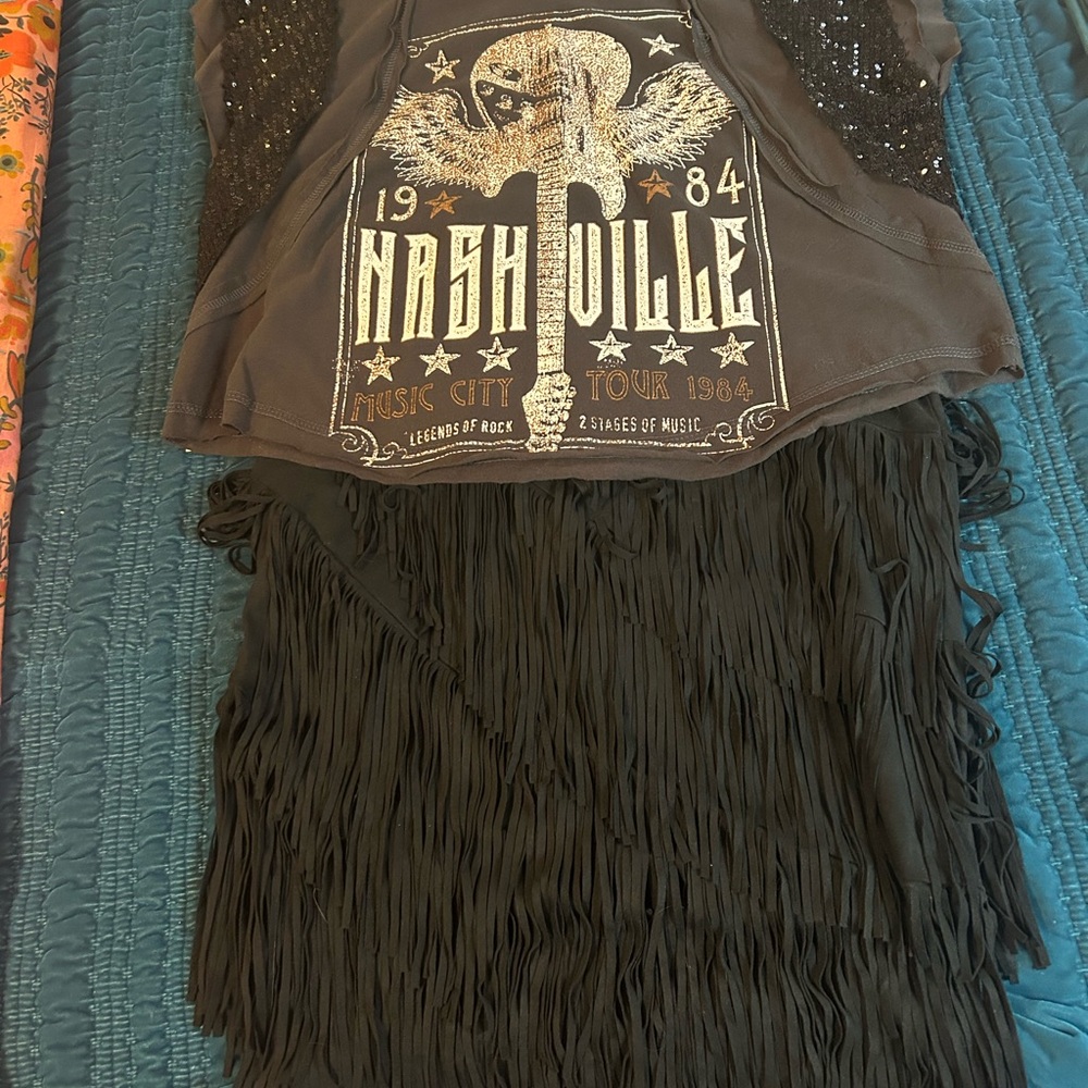 Idyllwind black fringe skirt w top sz M NWT